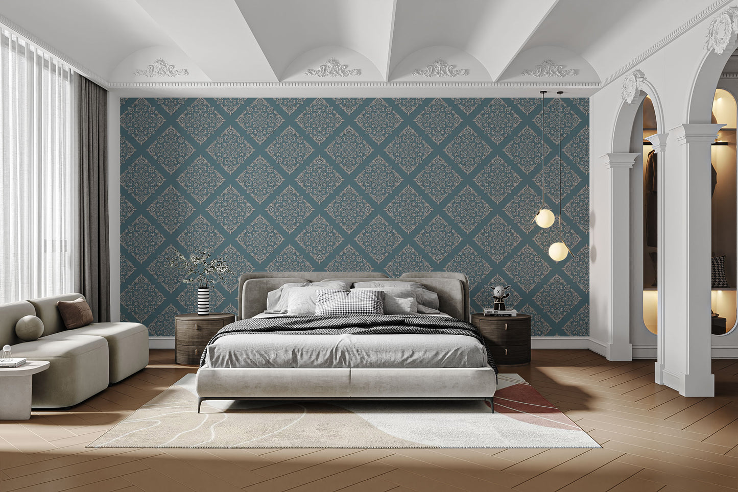 Intricate damask wallpaper for quick wall decor
