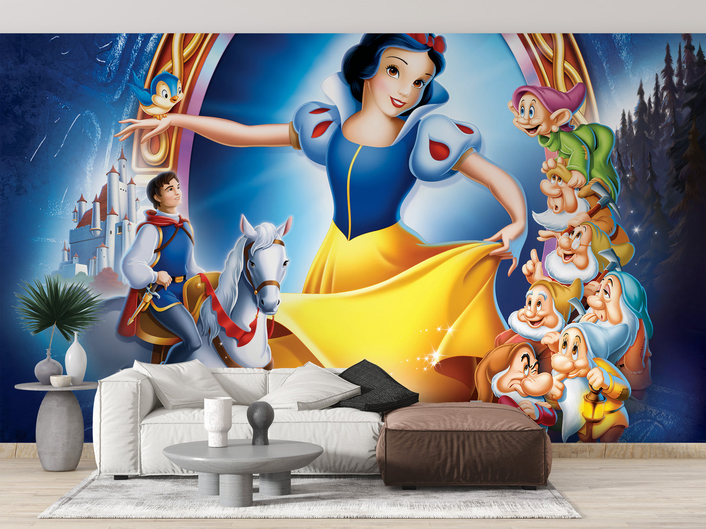 Magical adventure mural featuring Snow White and her friends
