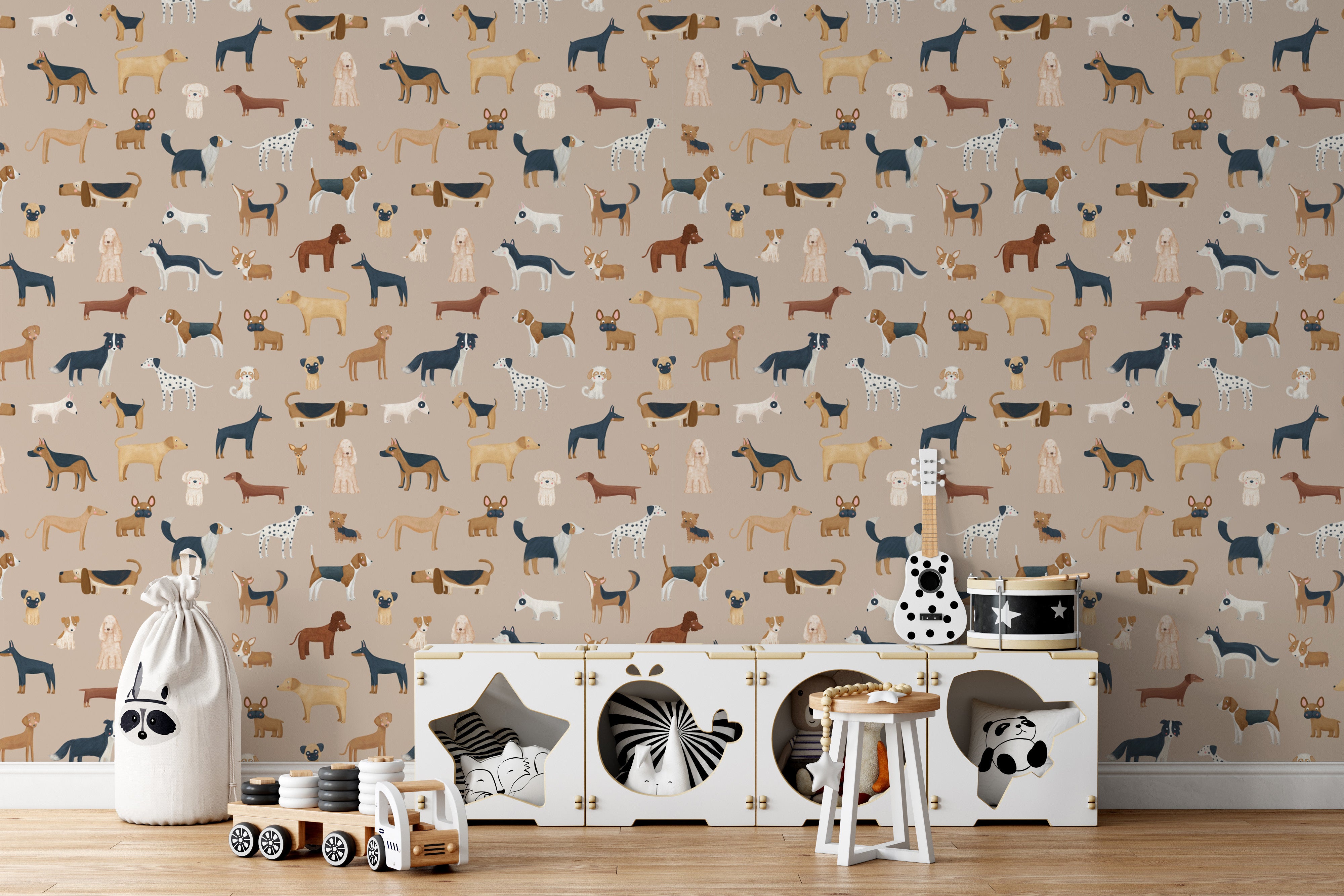 Brown dog mosaic wallpaper for toddler spaces
