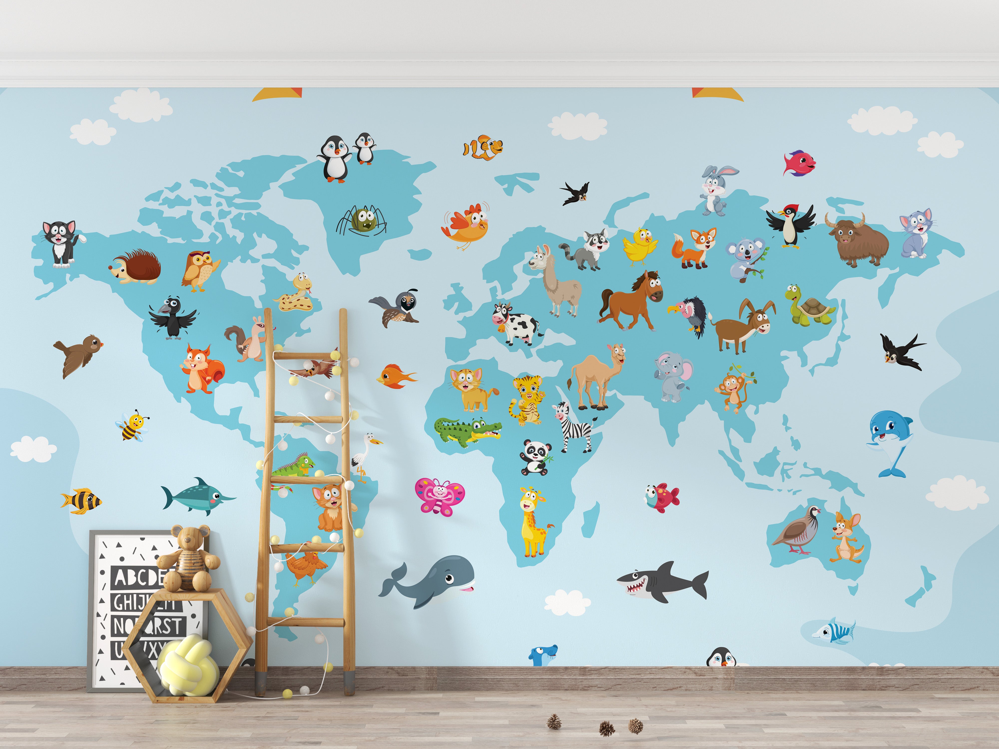 Educational animal-themed world map wallpaper for walls.
