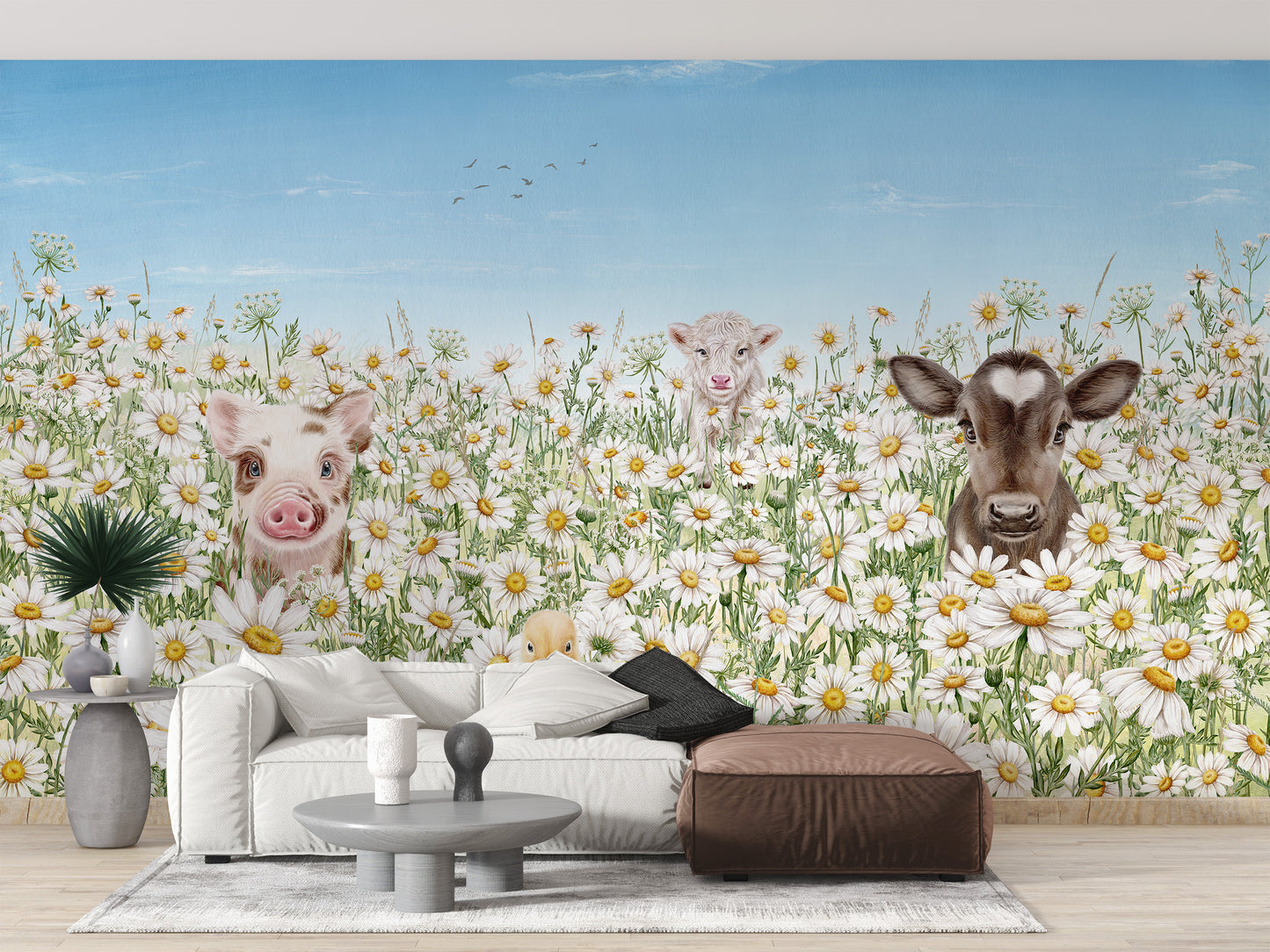 Farm animals wallpaper mural for a cheerful rural theme.
