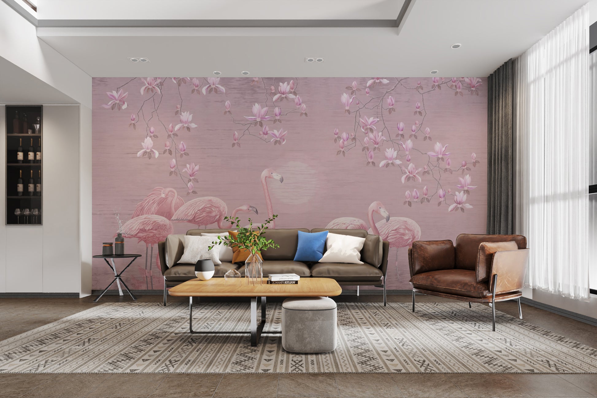 Romantic pink magnolia and flamingo wall mural design