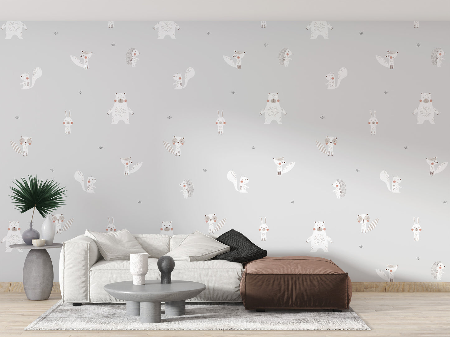 Soft cream forest friends mural for a serene ambiance.
