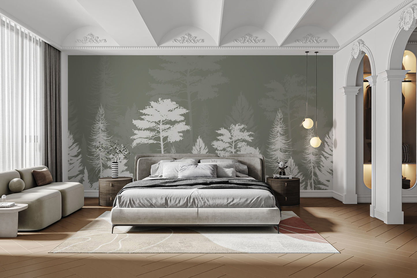 Atmospheric mystic woods mural wallpaper with soft shadows.
