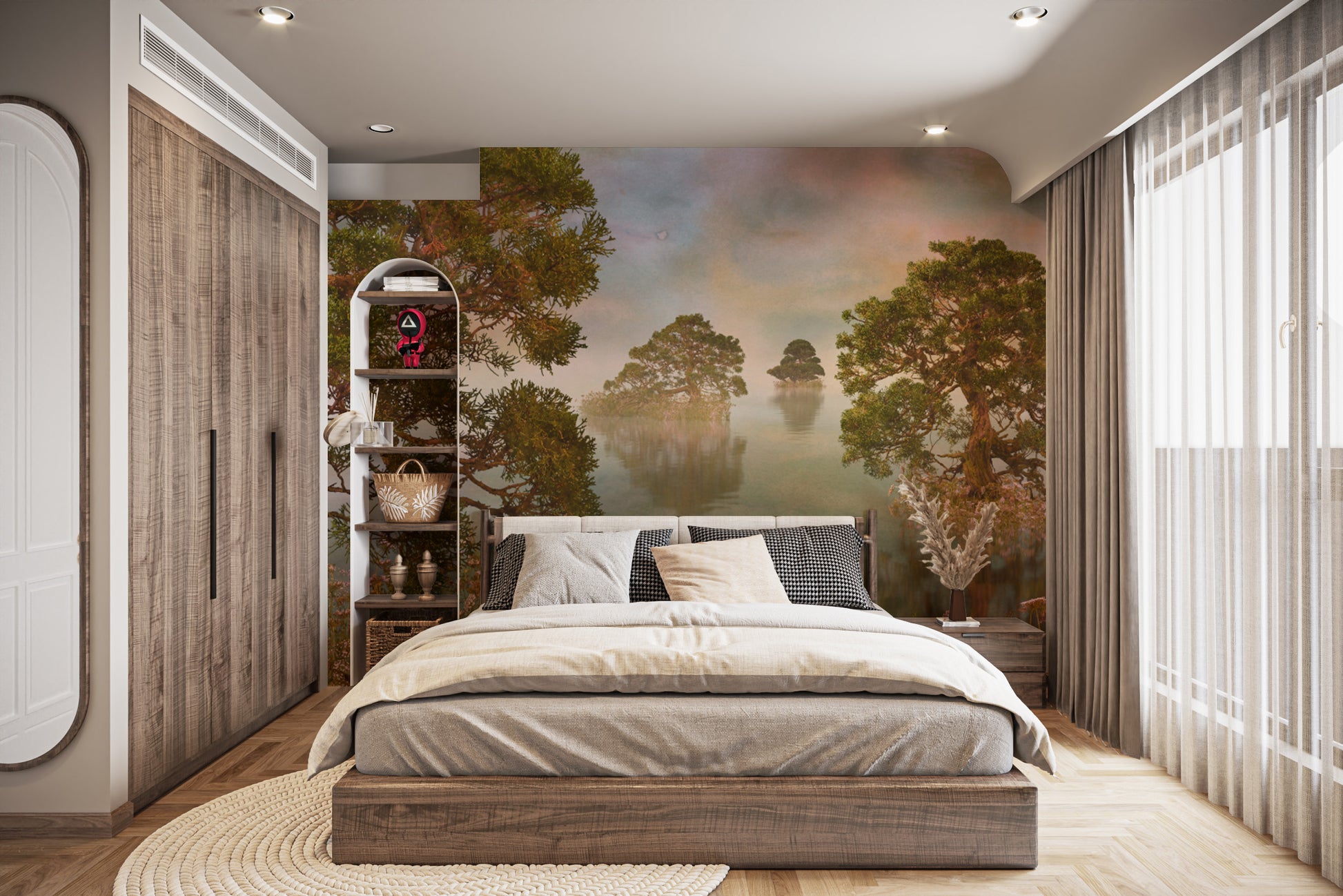 Watercolor lake sunset forest wallpaper for a warm, natural room decor.