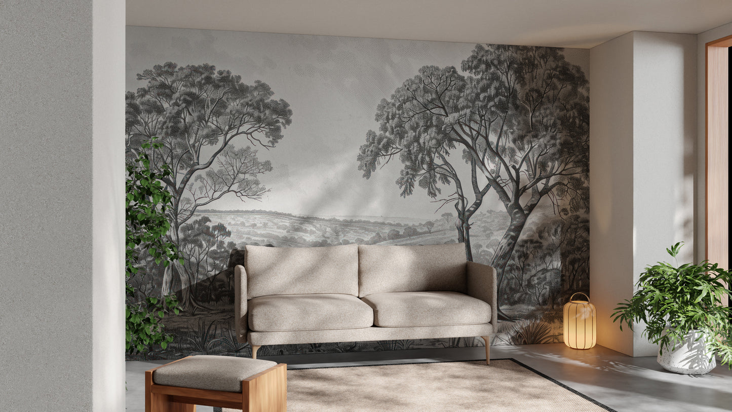 Black & White Fog Covering Trees Forest Wallpaper Mural