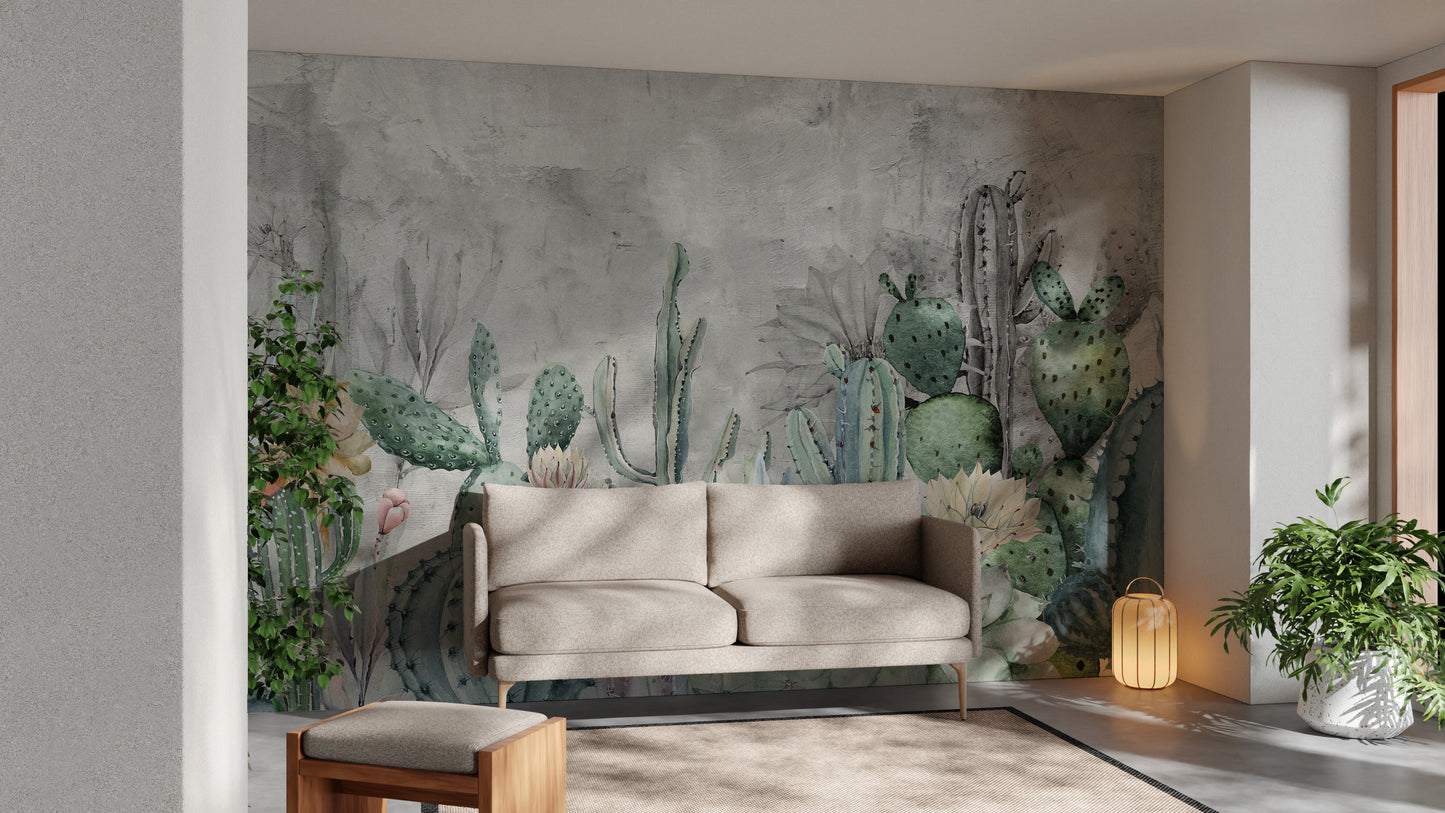 Green Cactus in Desert Wallpaper Murals