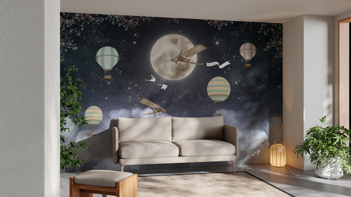 Shinny Stars Night Hot Air Balloons Wallpaper Murals