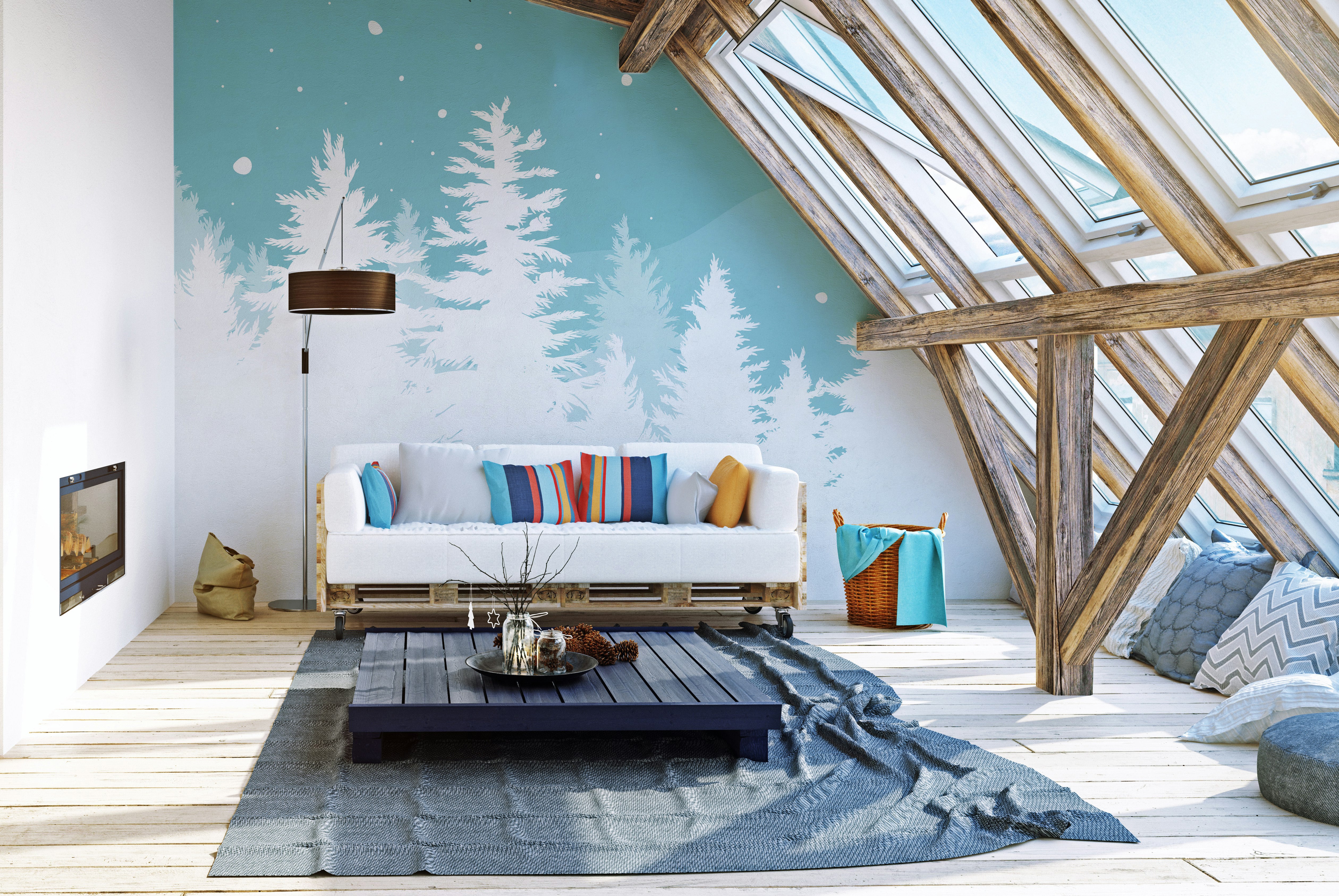 Artistic frosted pine Christmas tree mural for winter decor.
