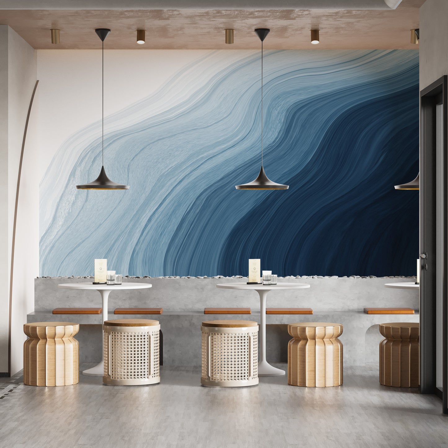 Gradient watercolor mural with flowing blue tones