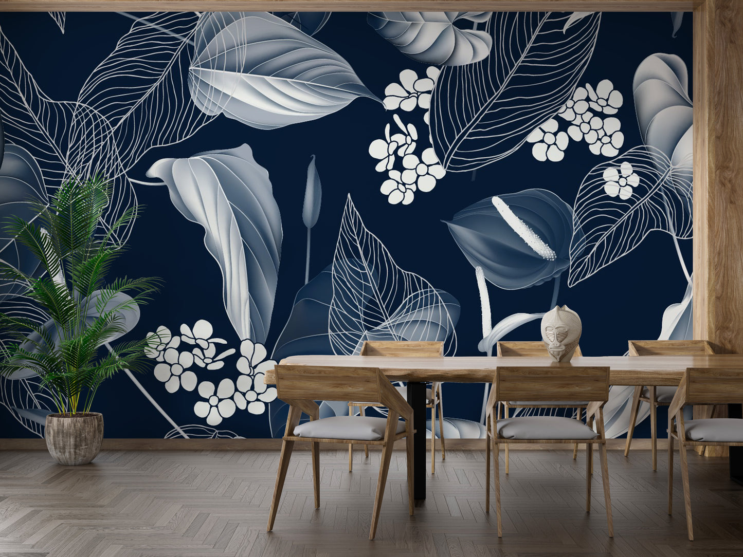 Dark Blue Anthurium & Blue Leaves Wallpaper