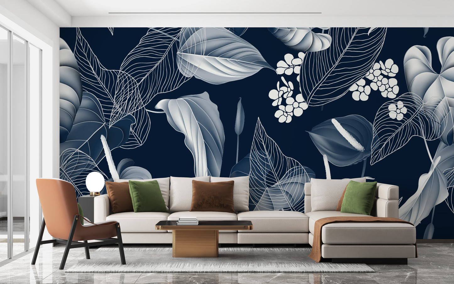 Dark Blue Anthurium & Blue Leaves Wallpaper