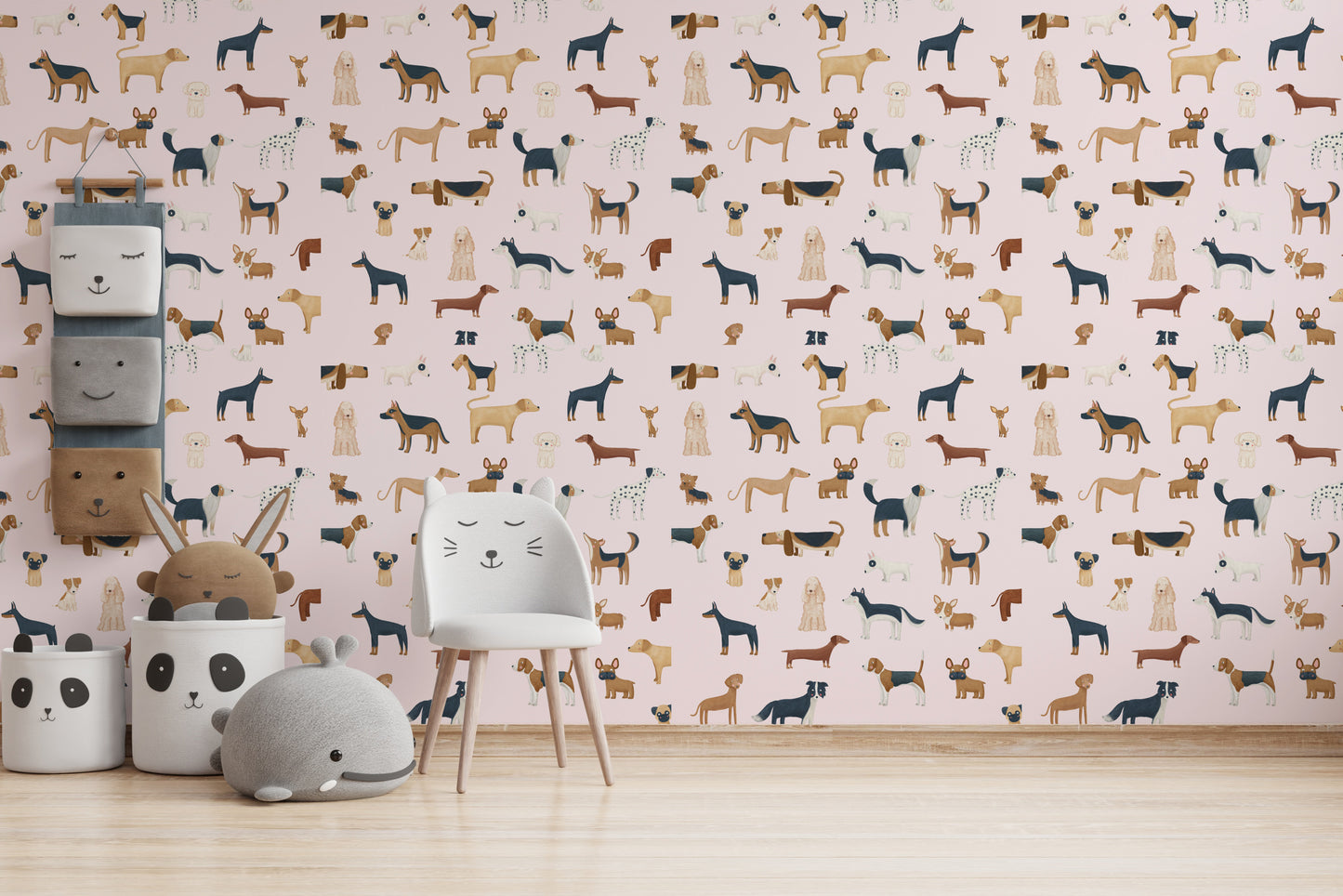 Pink dog-themed wallpaper with cute pups
