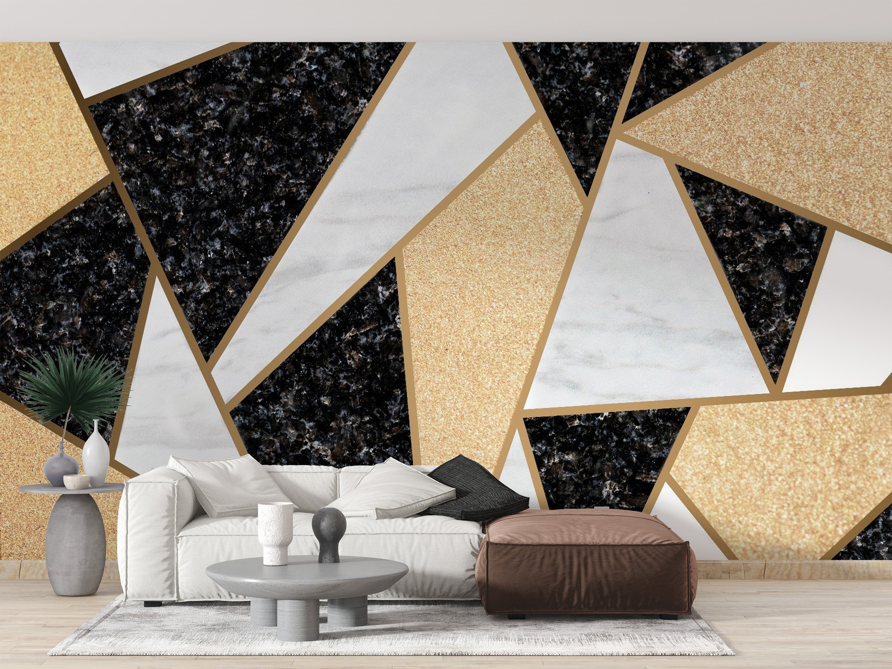 Geometric design mosaic marble wallpaper for modern decor.
