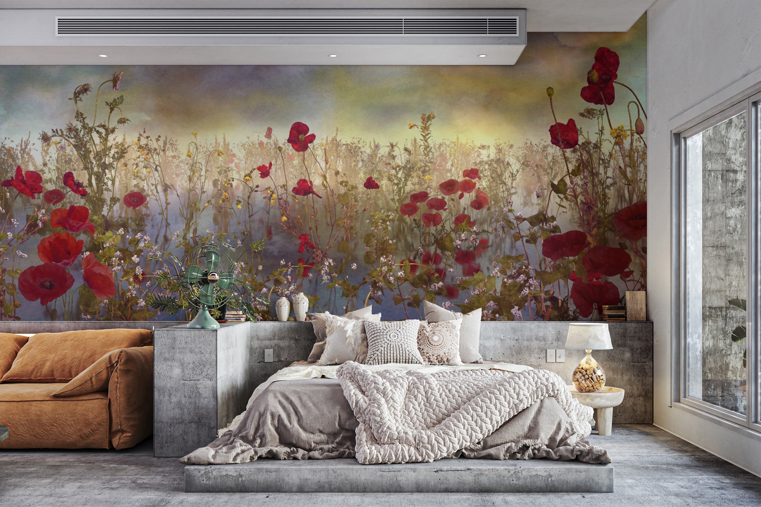 Transform your space with vibrant poppy red flower mural wallpaper.