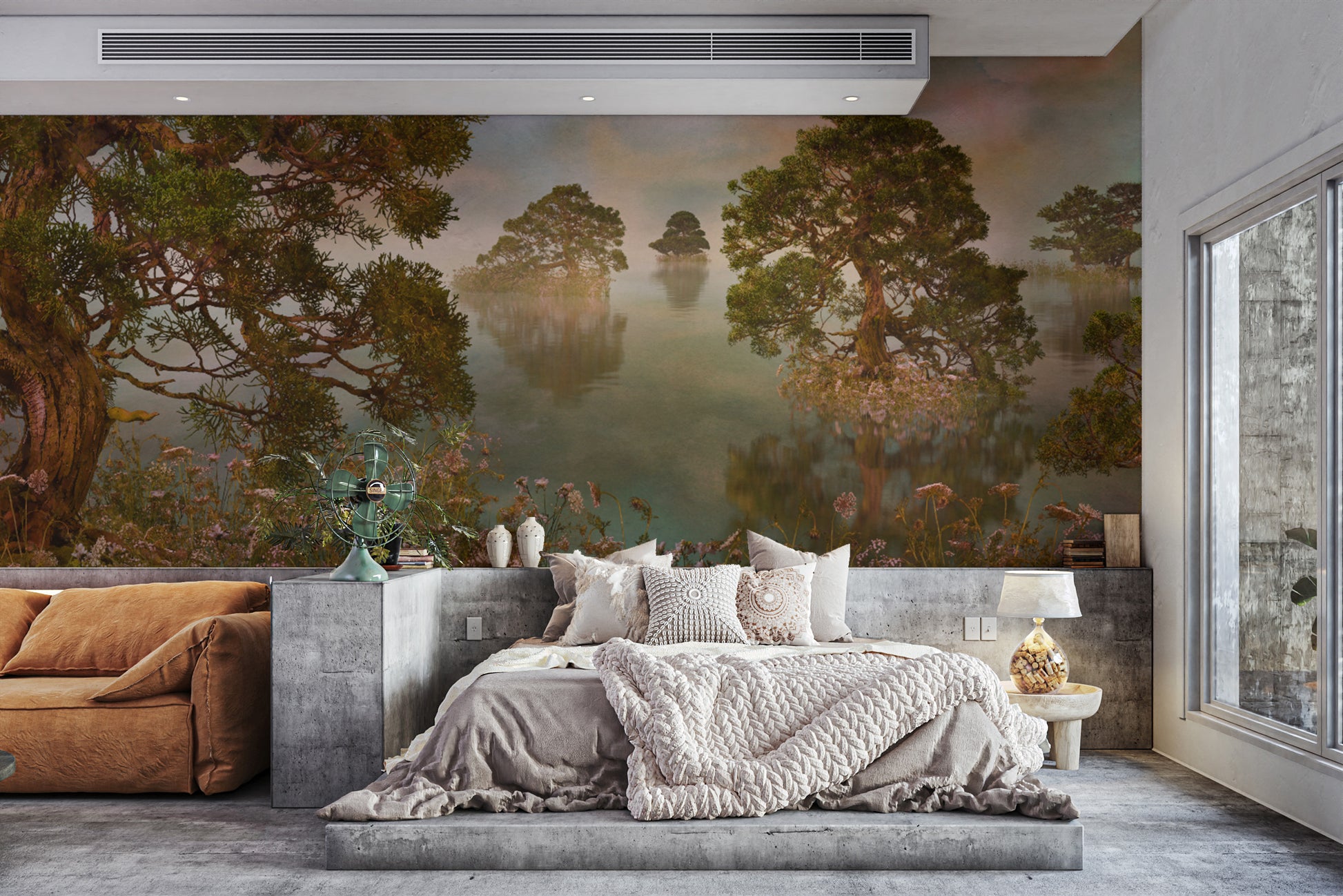 Add beauty and calm with watercolor lake sunset forest mural wallpaper.