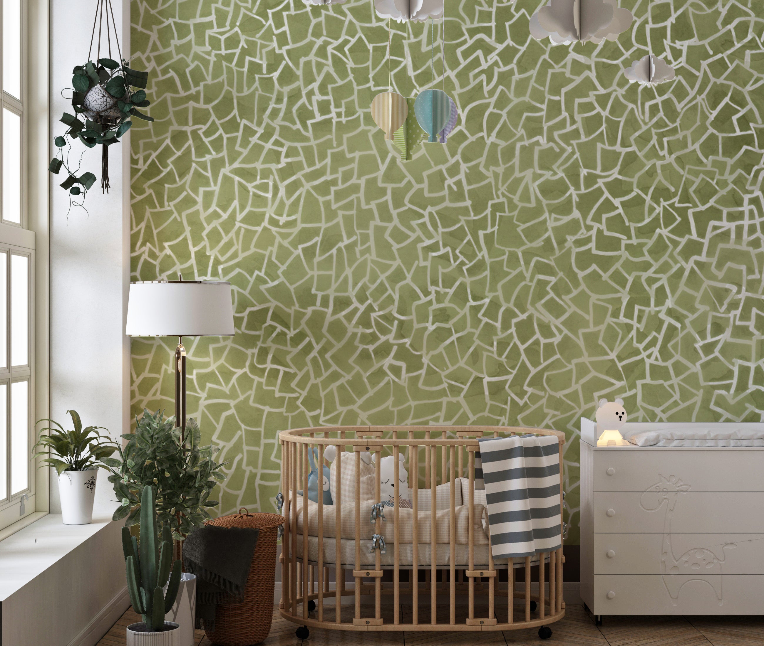 Mint green mosaic wallpaper mural featuring intricate geometric design.
