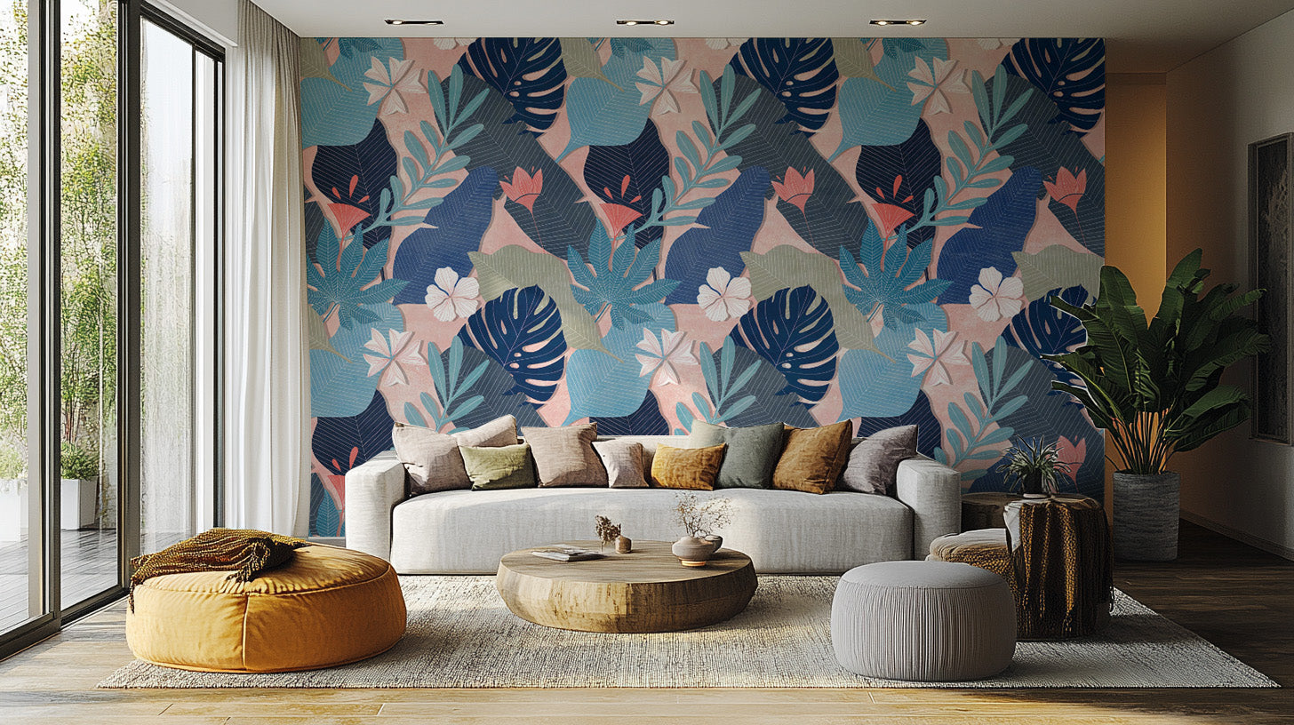 Tropical-inspired blue foliage wallpaper for soothing interiors.
