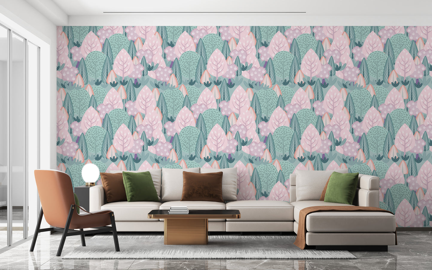 Delicate tree and leaf wall mural design
