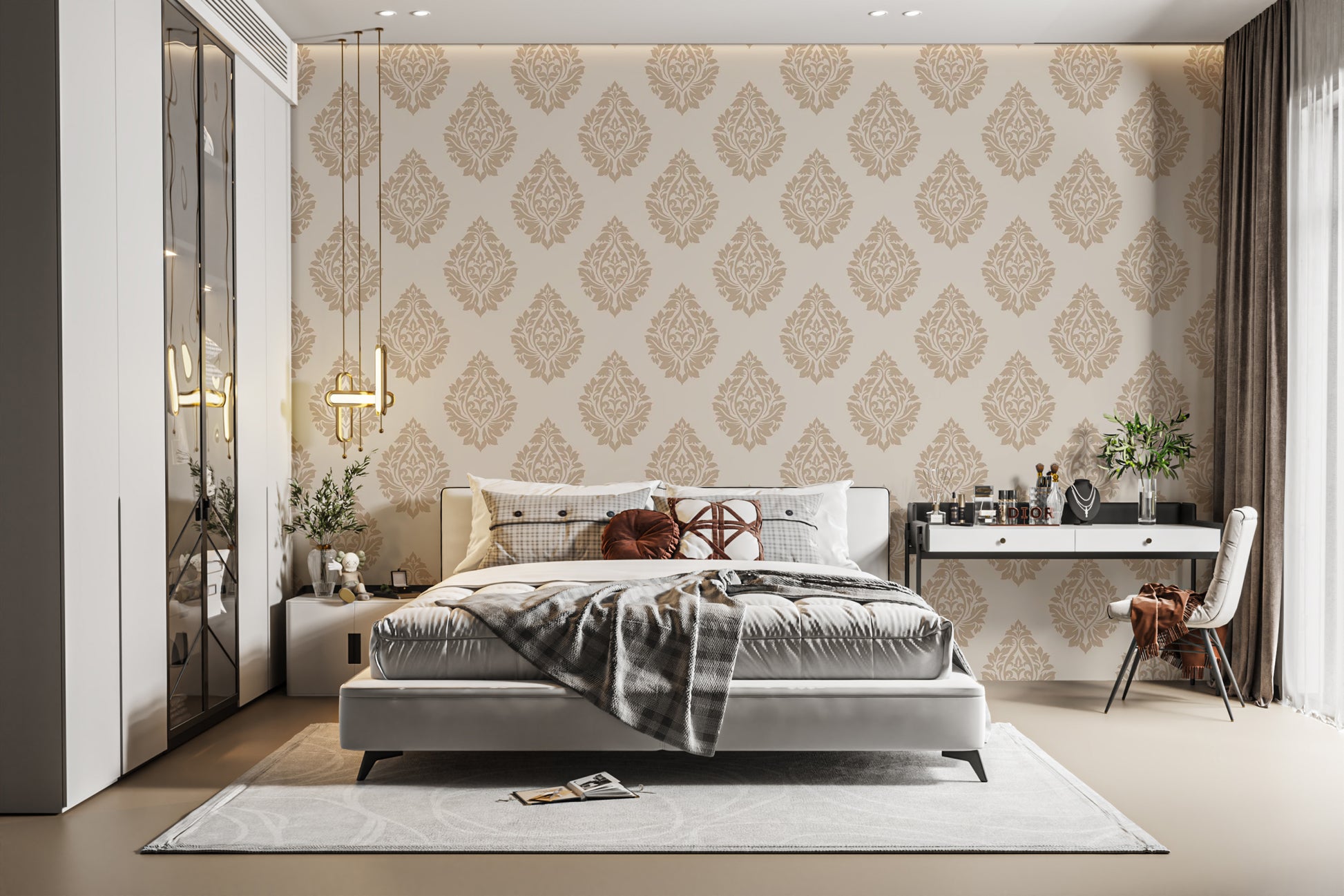 Beige damask repeat wallpaper for traditional Victorian interiors.
