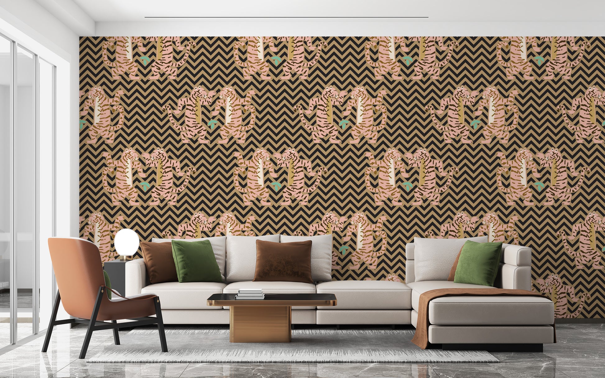 Bold dark sand wallpaper with tiger and zigzag motifs