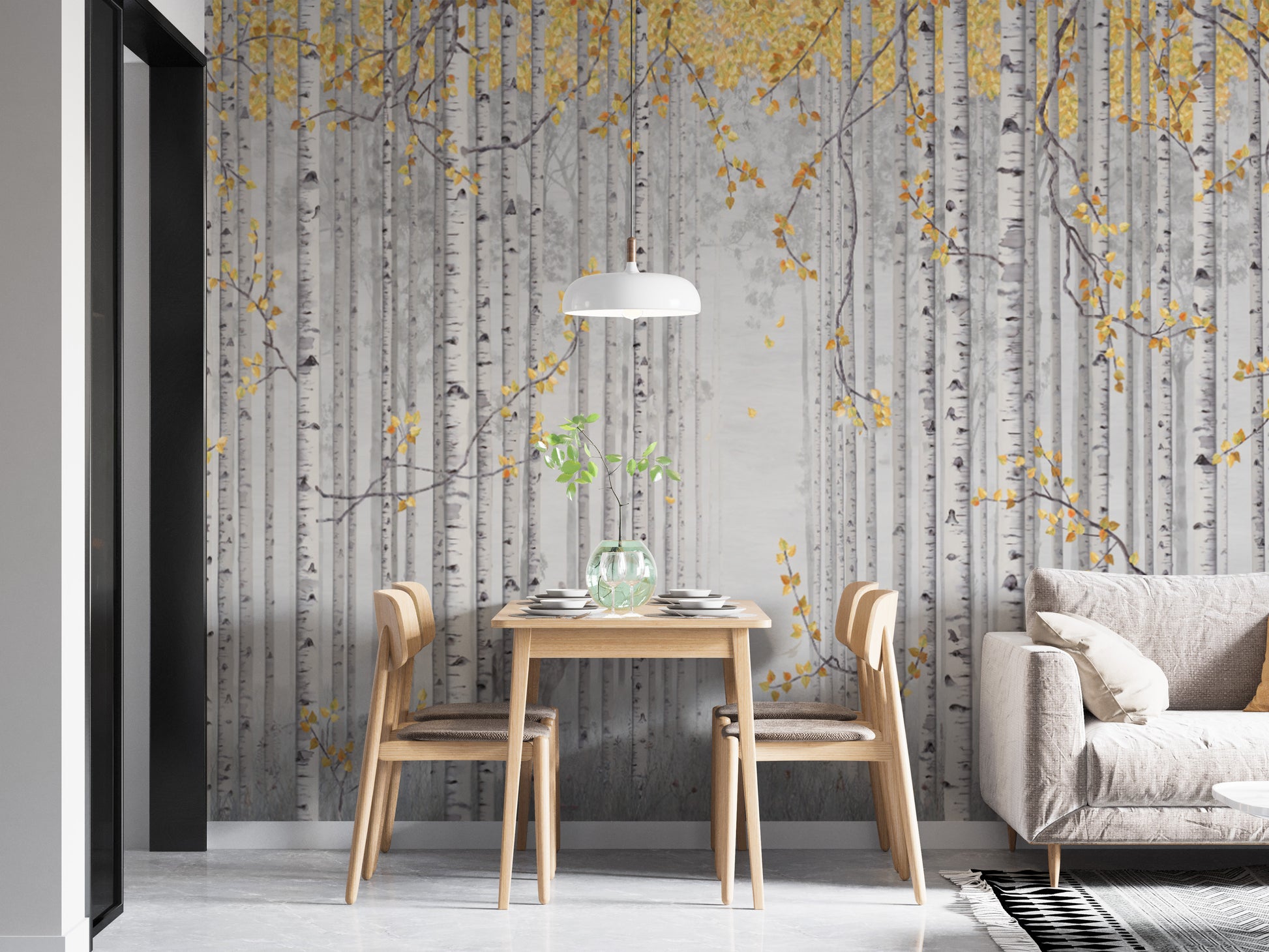 Elegant yellow leaves and gray birch trees mural