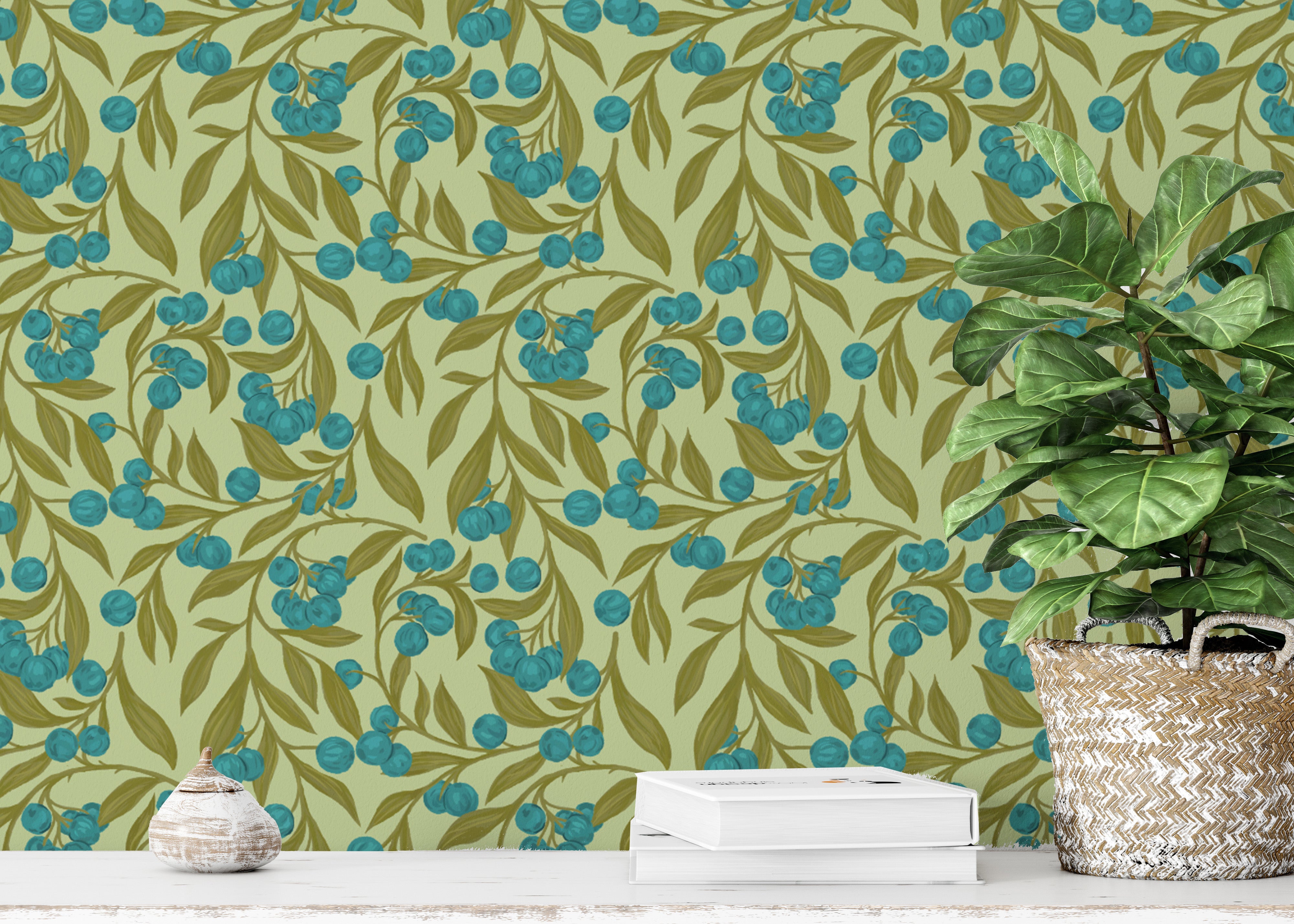 Nature-inspired autumn berries wallpaper with a blue backdrop.
