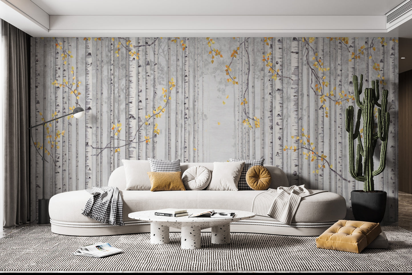 Stylish yellow and gray birch tree wall mural design