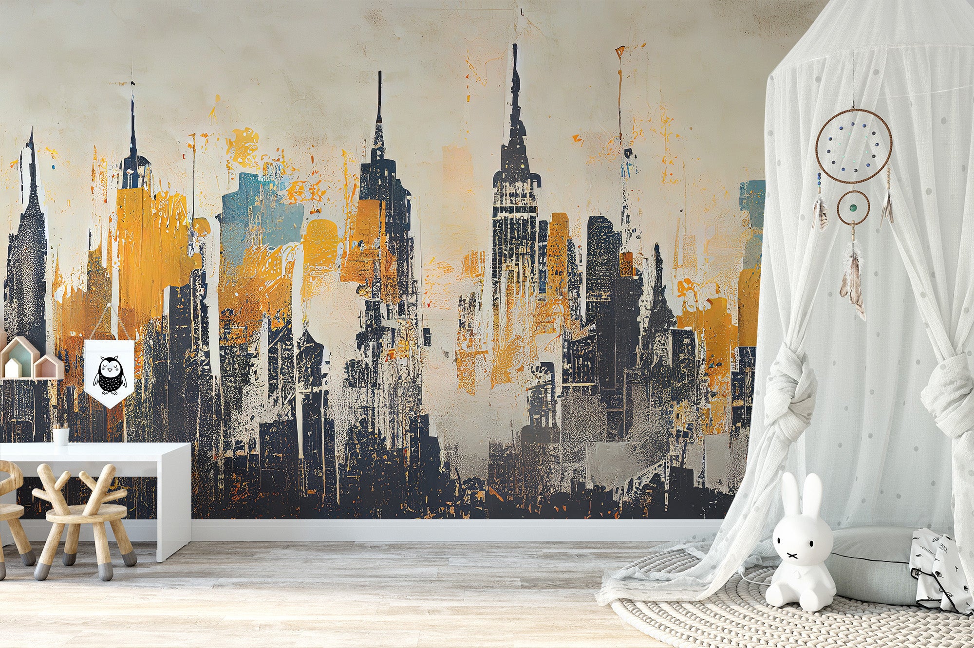 Skyline abstract wallpaper with golden cityscape details.