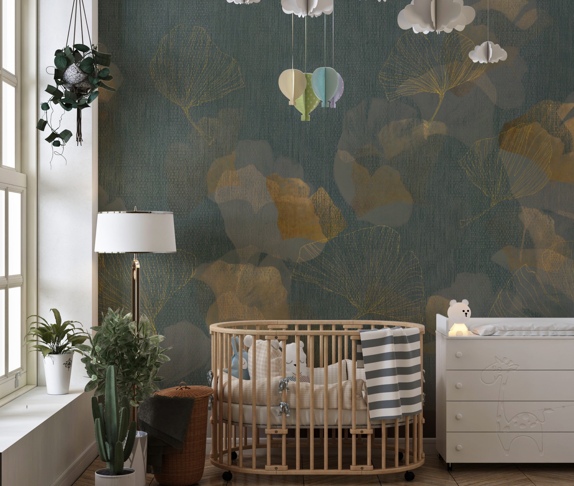 Elegant green textured ginkgo wallpaper with botanical details
