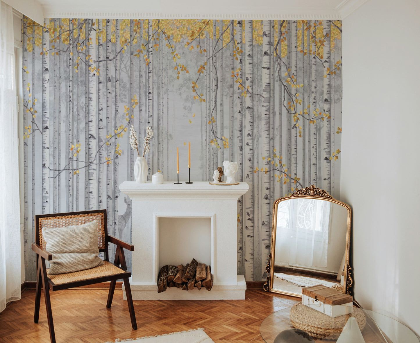 Yellow Leaves and Gray Birch Trees Wall Mural