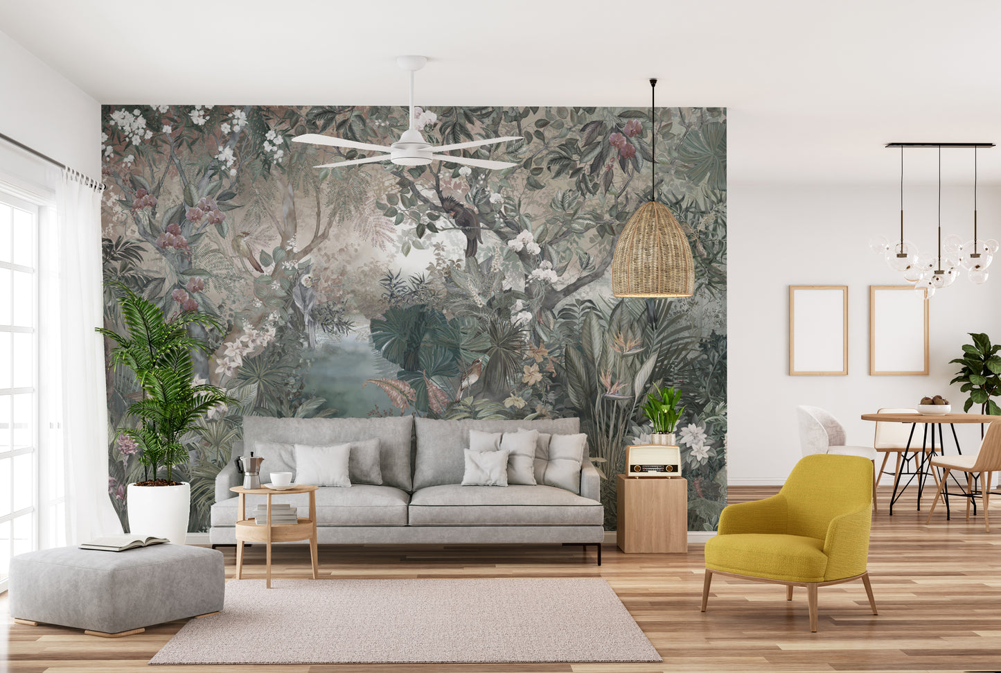 "Exotic Birds Perched in a Jungle Oasis Mural"
