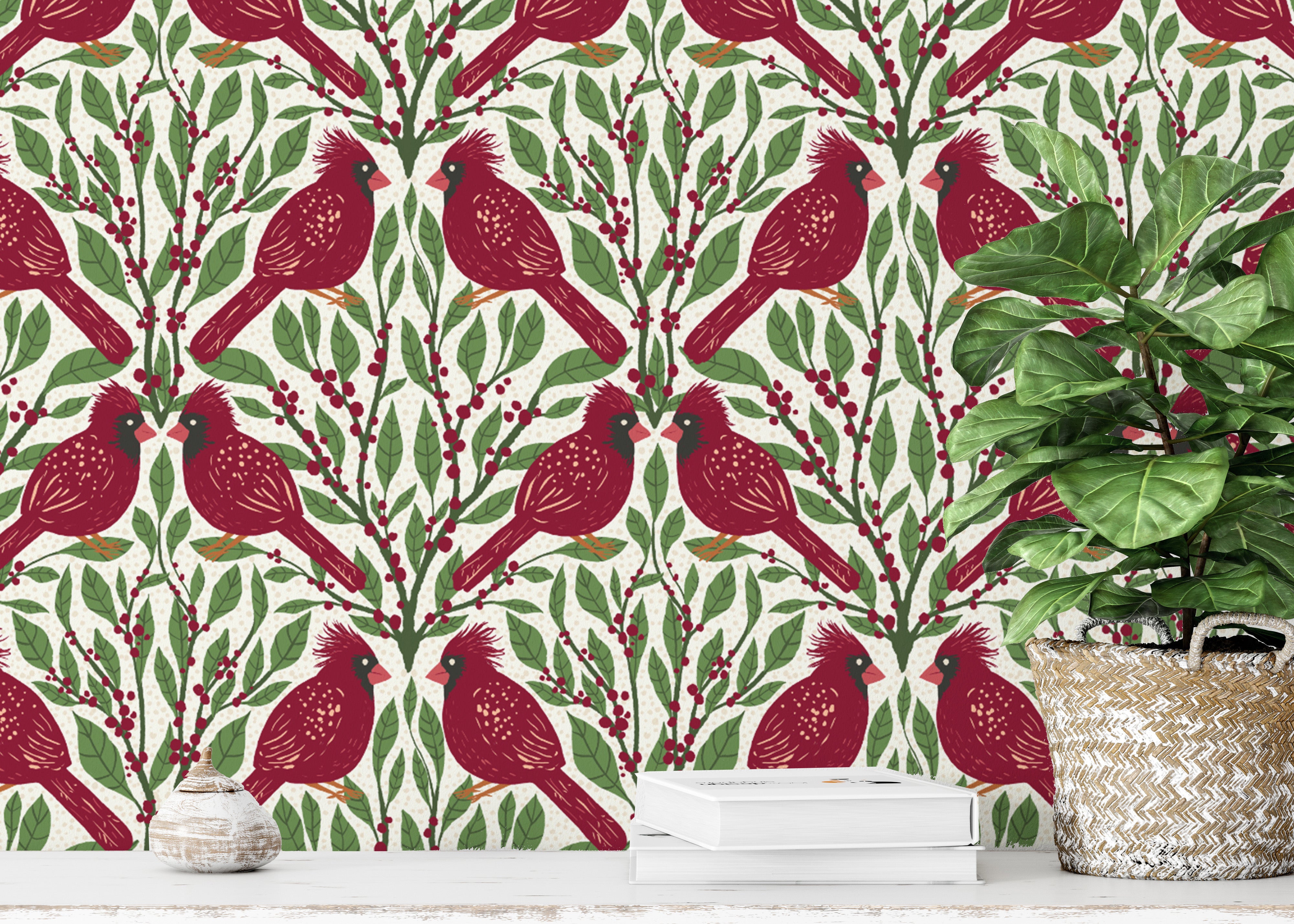 Burgundy red cardinals wallpaper for a bold and stylish statement.
