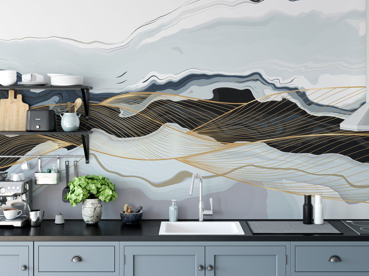 Blue & Gold Wavy Marble Wallpaper Murals