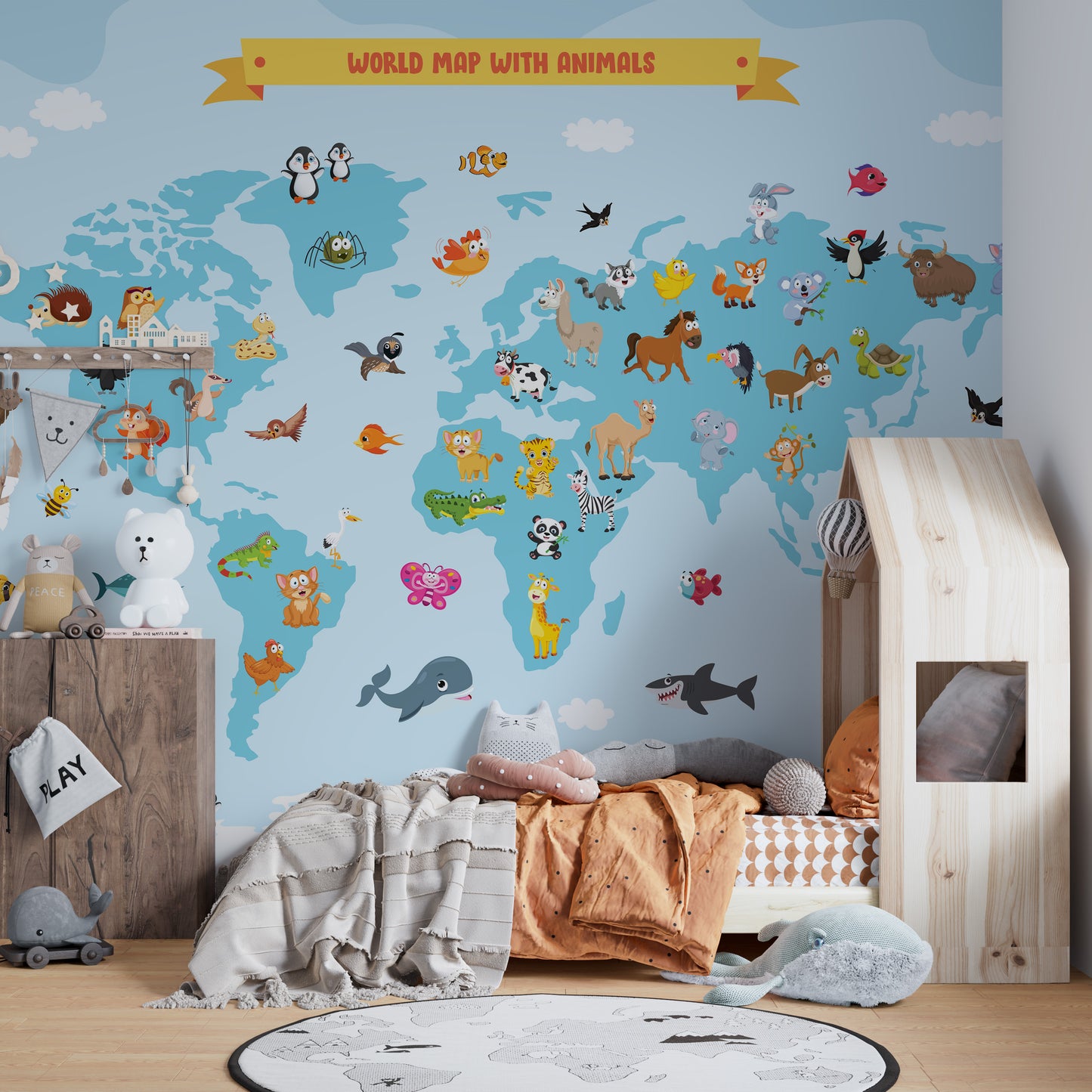 Colorful world map wallpaper with animals for kids' rooms.
