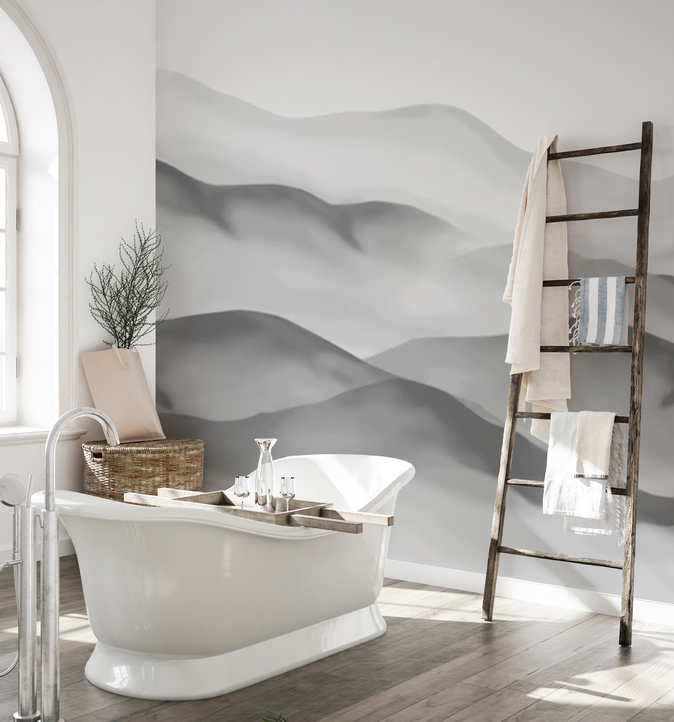 Serene watercolor grey mountain wallpaper design