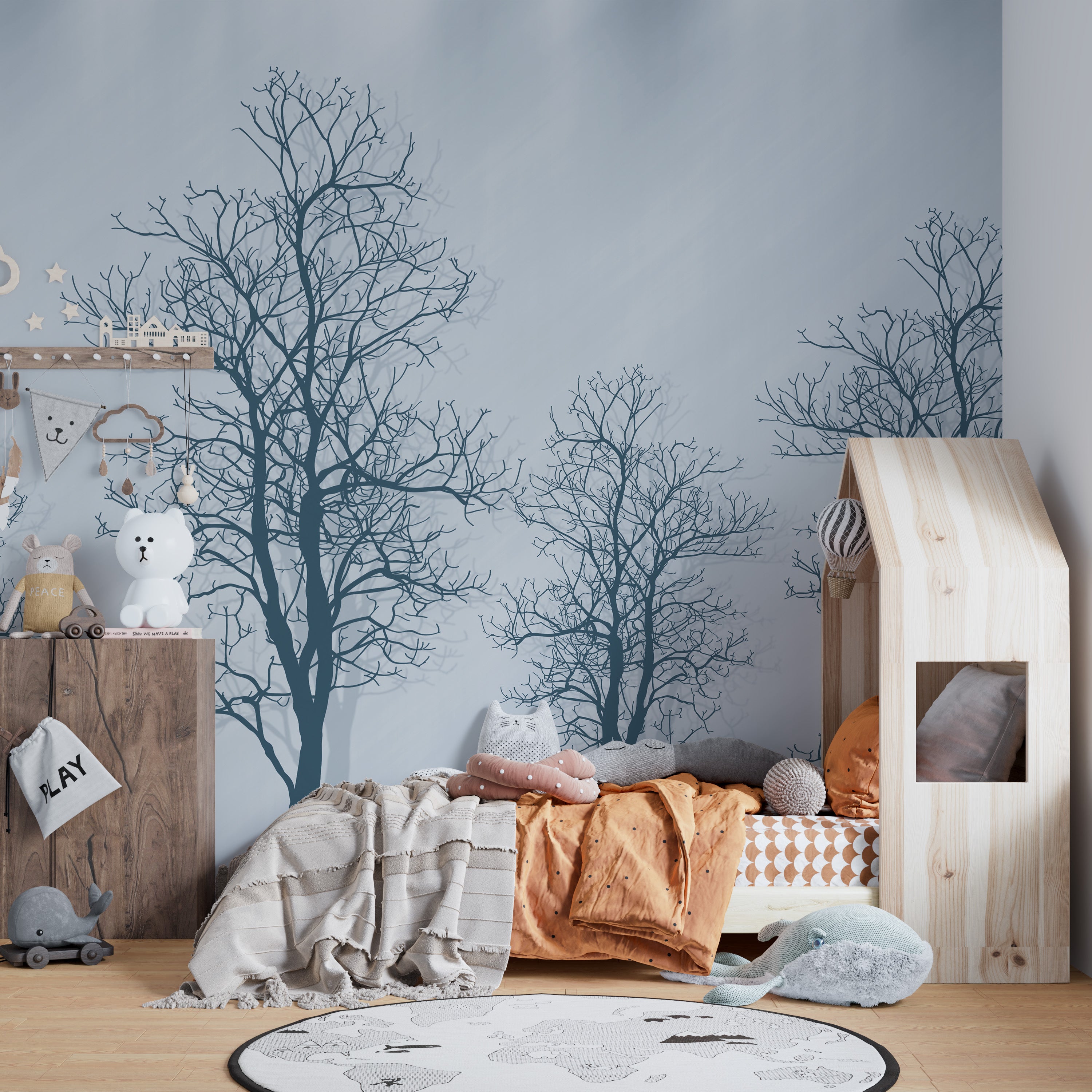 Serene tree outlines and red sun mural for stylish wall decor.
