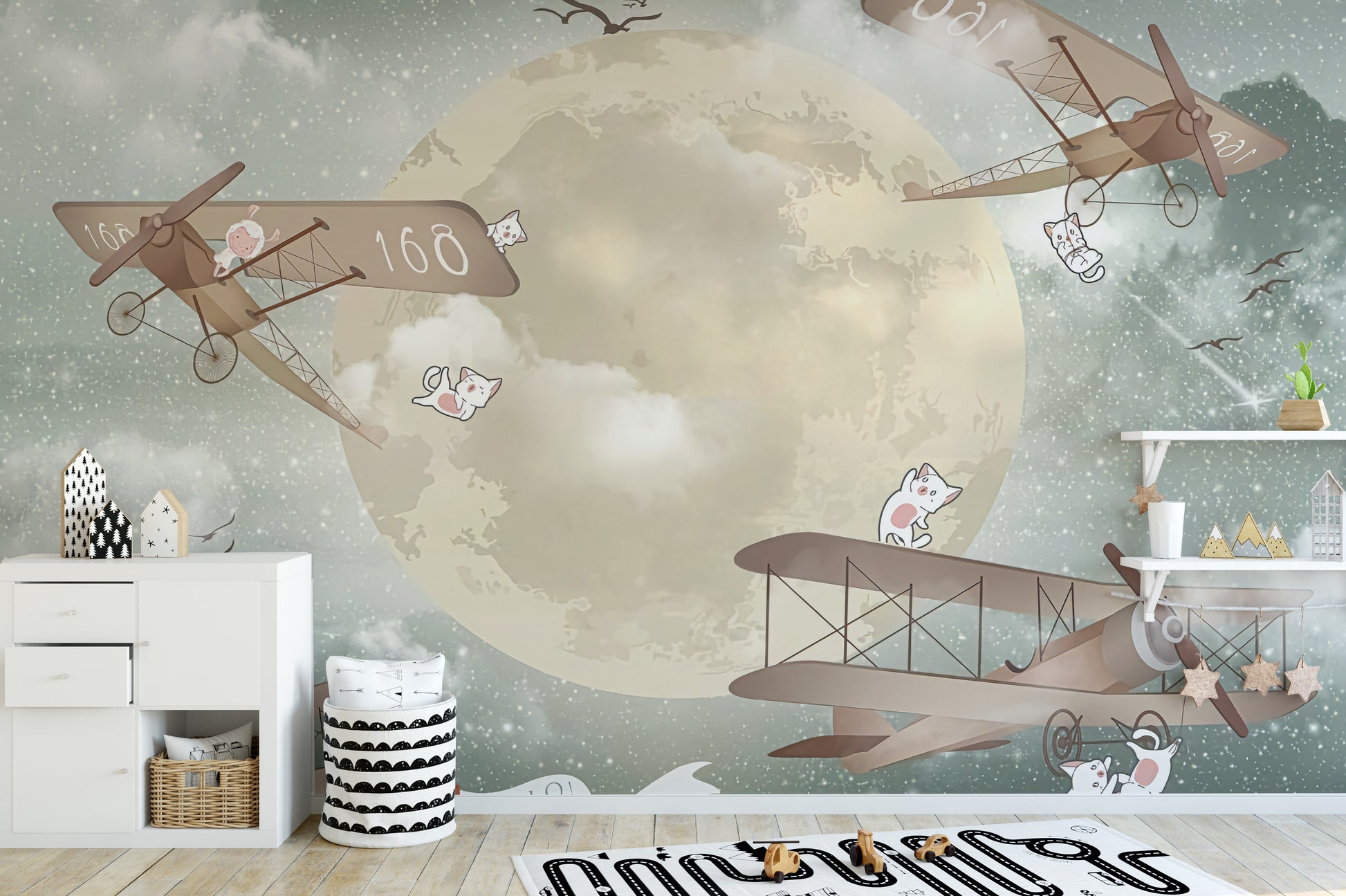 Vibrant airplanes in moonlight wall mural art
