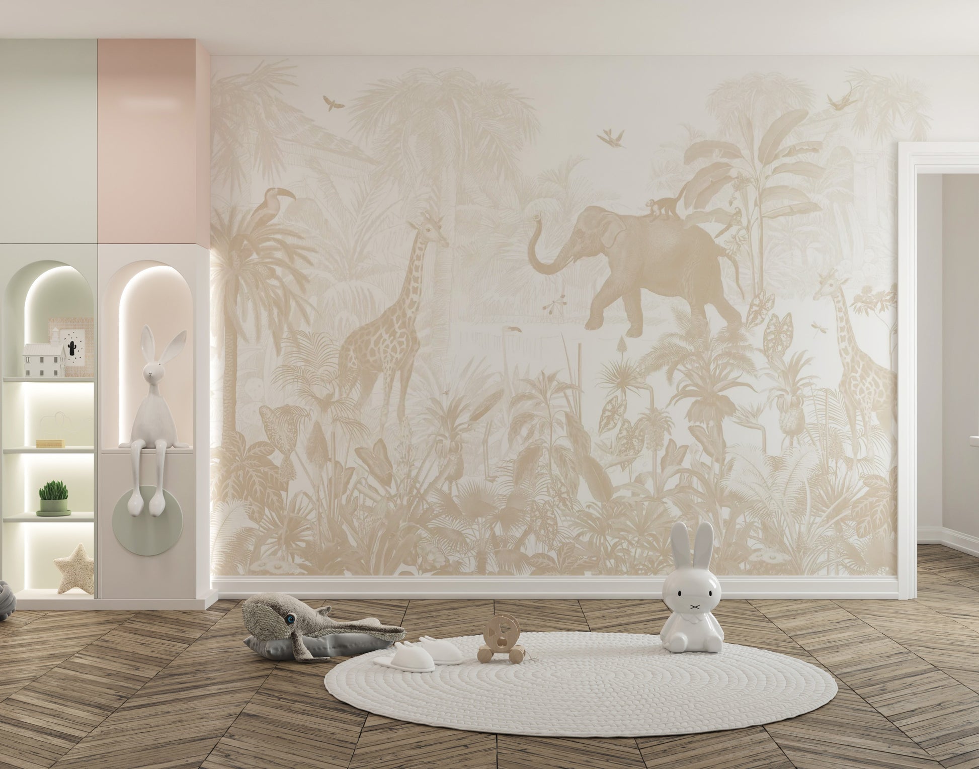 Beige jungle wallpaper with giraffes and elephants
