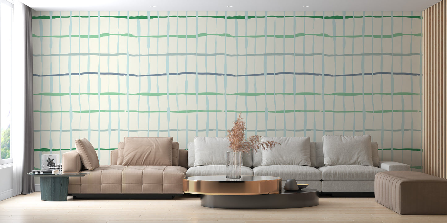 Handdrawn lines wallpaper in soothing light green shades
