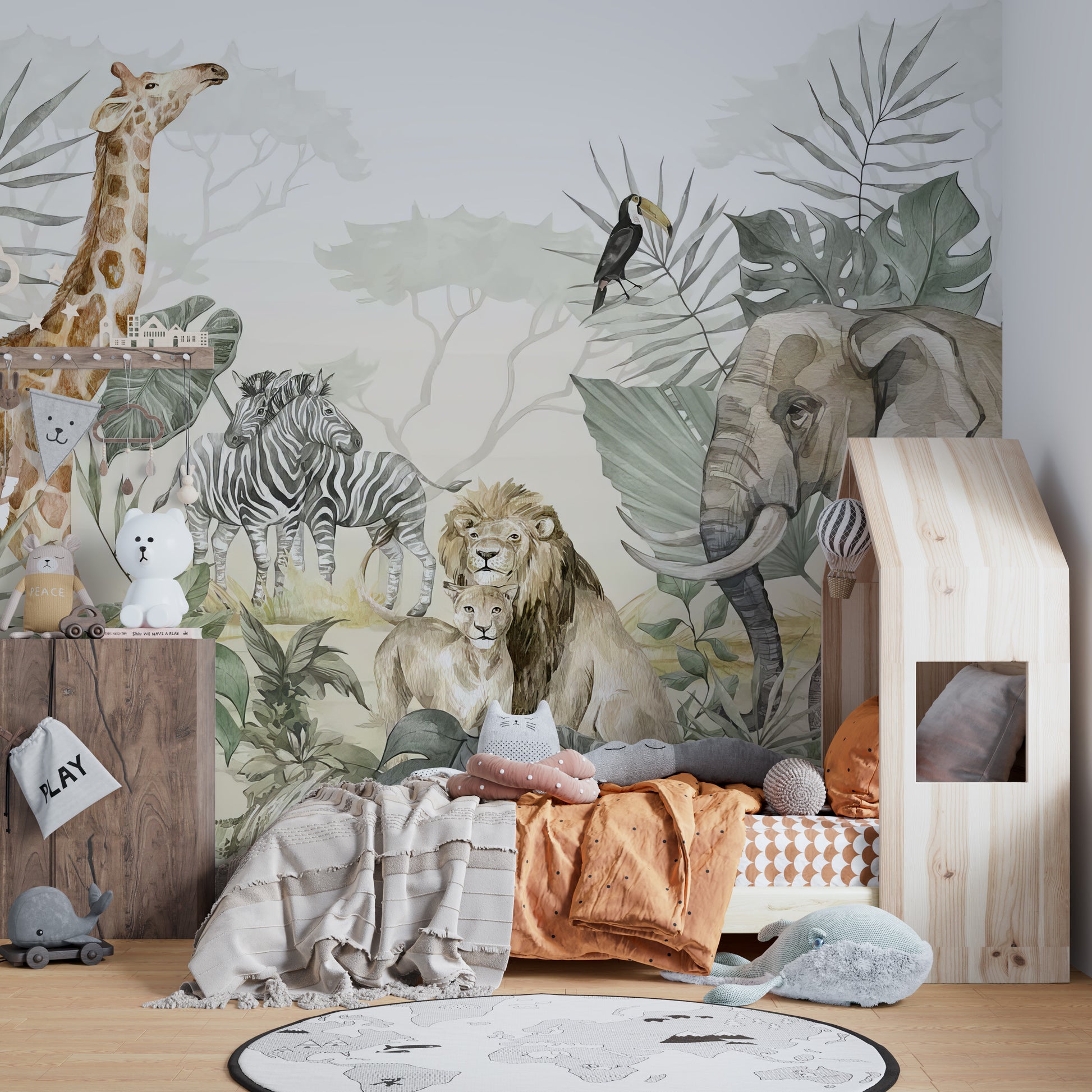 Vibrant safari jungle wall mural for adventurous interiors.
