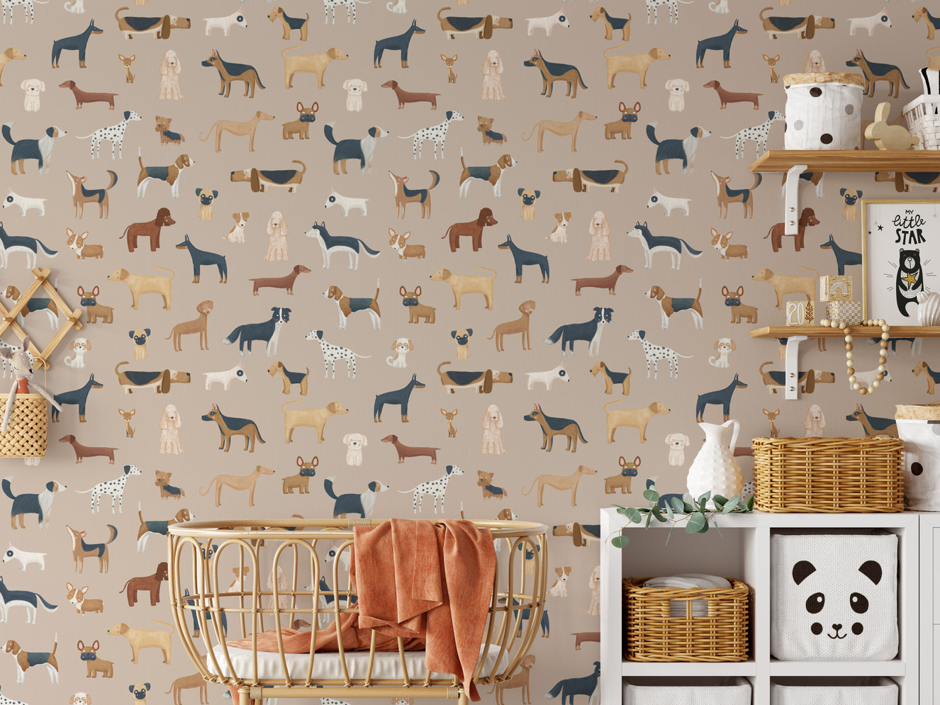 Nursery wallpaper with a mosaic of cute dogs
