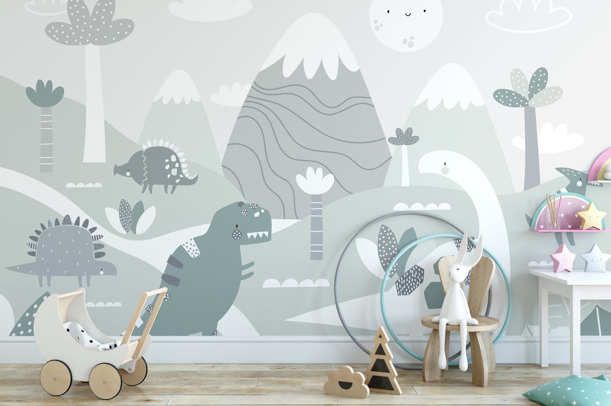 Playful dinosaur world wall mural design
