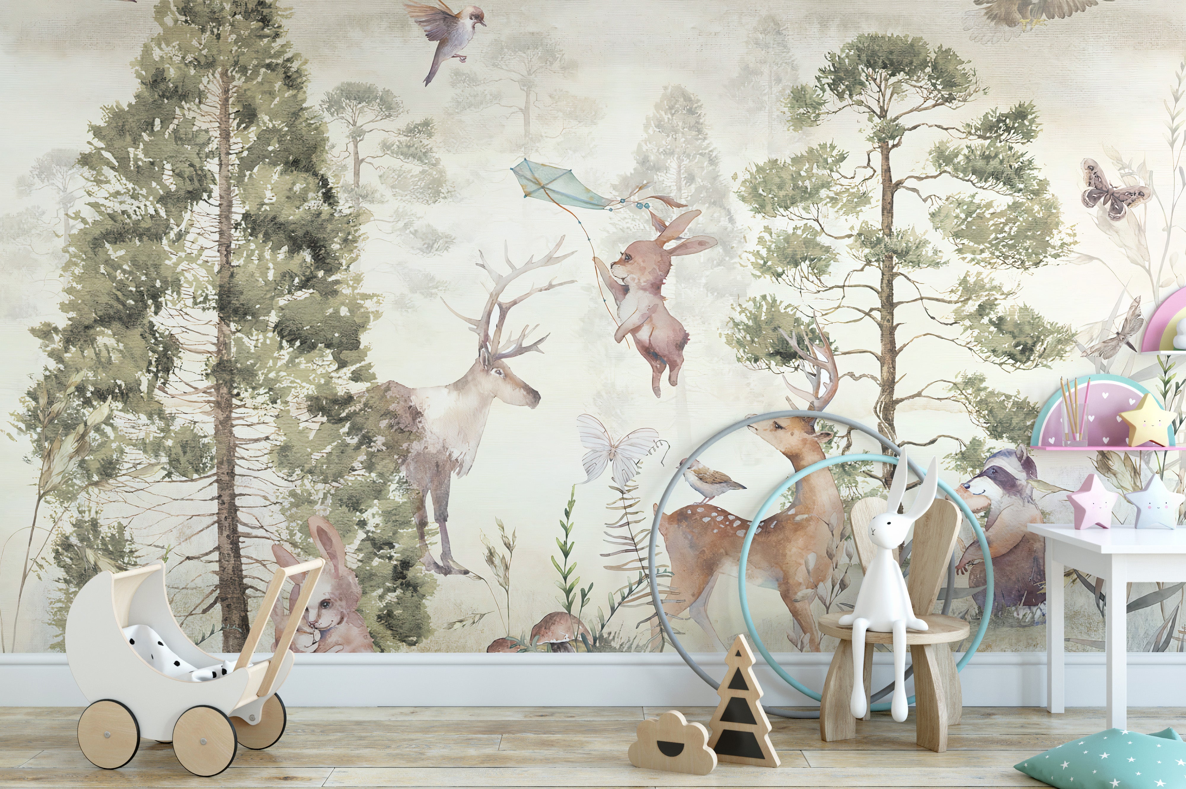 Artistic deer and animals wallpaper mural art
