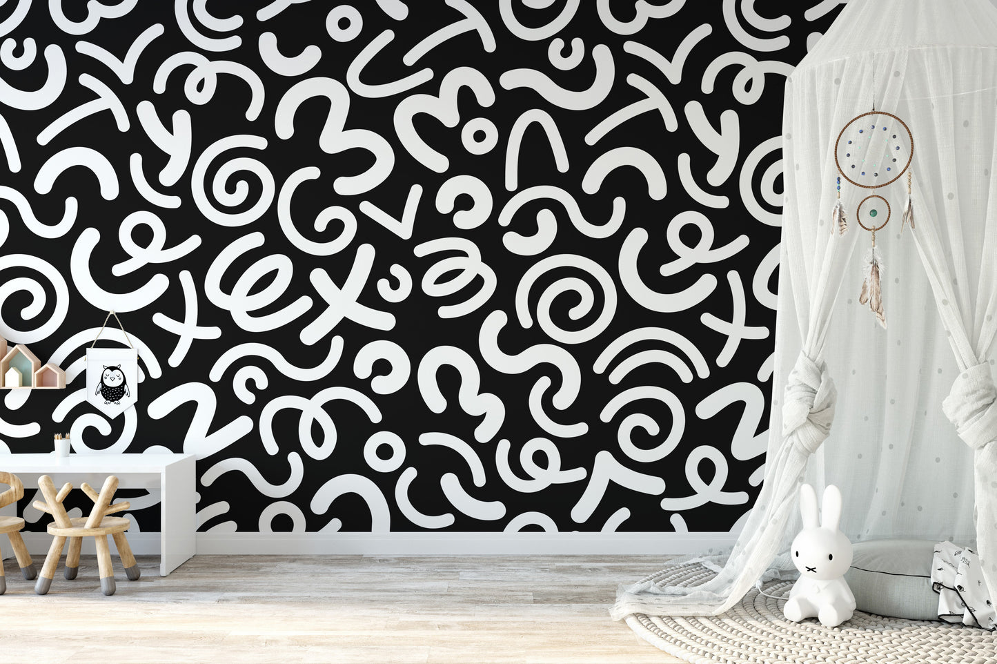 Black and White Abstract Doodle Squiggle Pattern Wallpaper