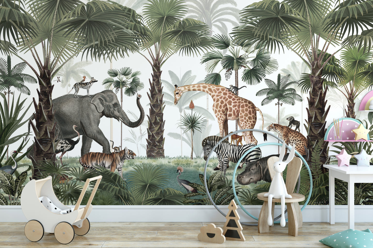 Wildlife wallpaper featuring giraffe, zebra, and elephant