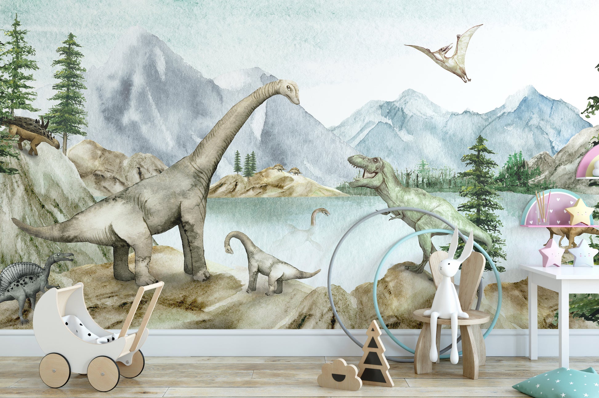 Dino-themed wallpaper mural with lake and forest backdrop