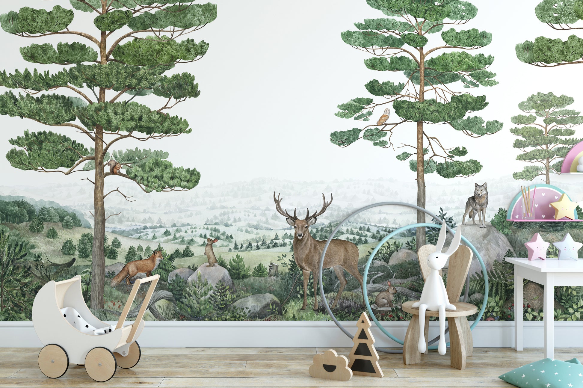 Peel and stick forest wallpaper with woodland animals design