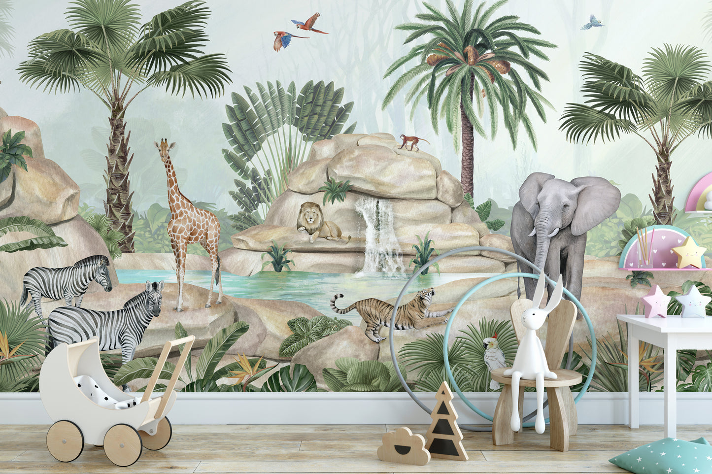 Watercolor Animals near water Pond Wallpaper