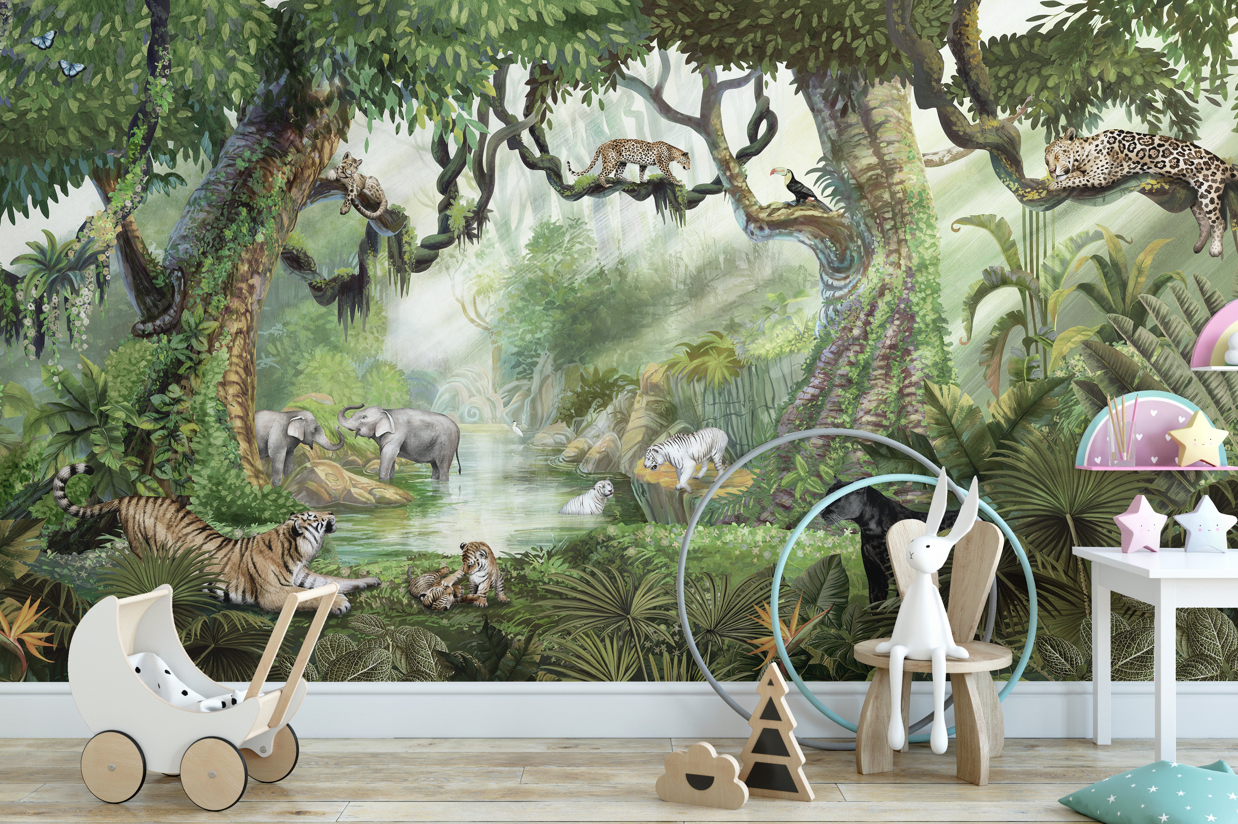 Tropical jungle wallpaper with big cats and dense greenery